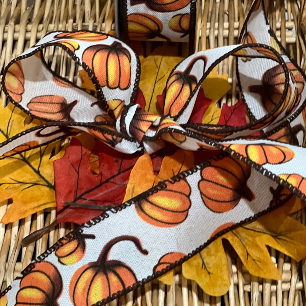 Fall Pumpkins Wired Edge Ribbon 1 1/2" Thanksgiving Craft Supplies